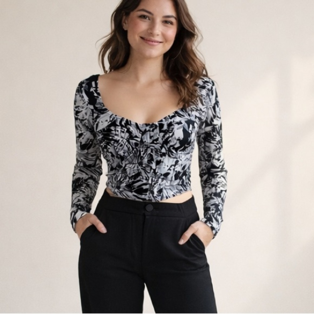 Vintage Corset Top Monochrome Monarch Women Size 8‎ Medium Long Sleeve Black Emo
